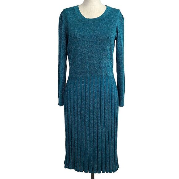 Draper James Dress‎ M Green Knit Shimmer Pleated Long Sleeve Occasion Cocktail - Picture 1 of 12